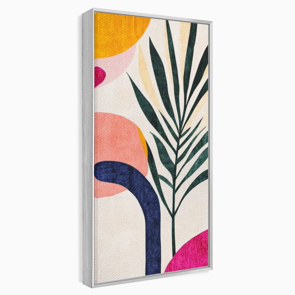 Tablou canvas cu ilustratie abstracta cu frunze de palmier, in rama de aluminiu argintiu